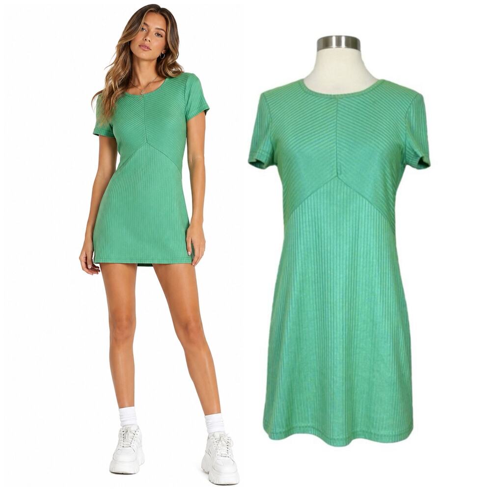 Vintage | 90s Possessed Blue Green Ribbed Striped Short Sleeve Mini Baby Dress S